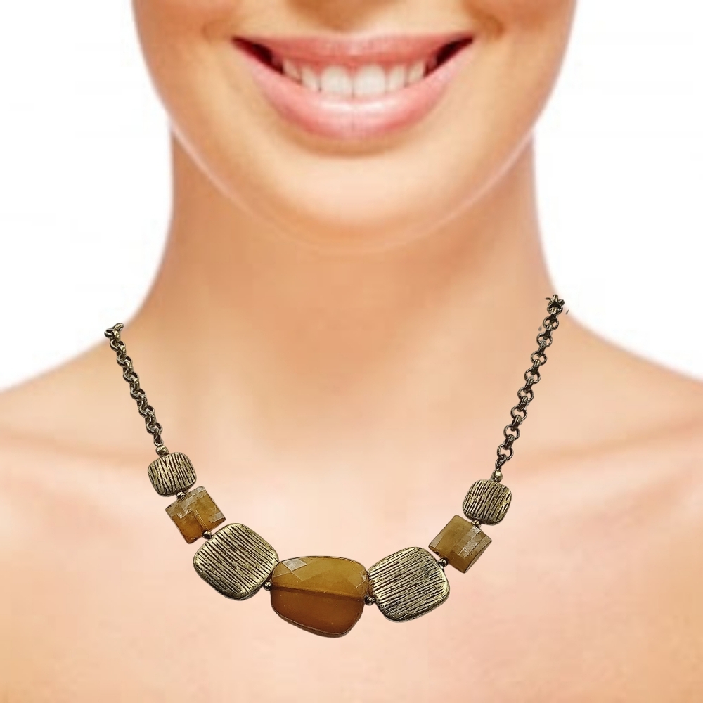 Anaya Gold Tone Necklace Light Brown Faceted Beads & Textured Gold Links | 16.5”